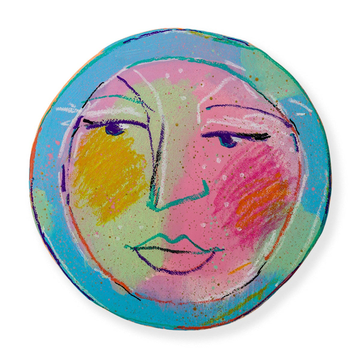 Colorful abstract moon face design mixed media painting on hand cut wood panel