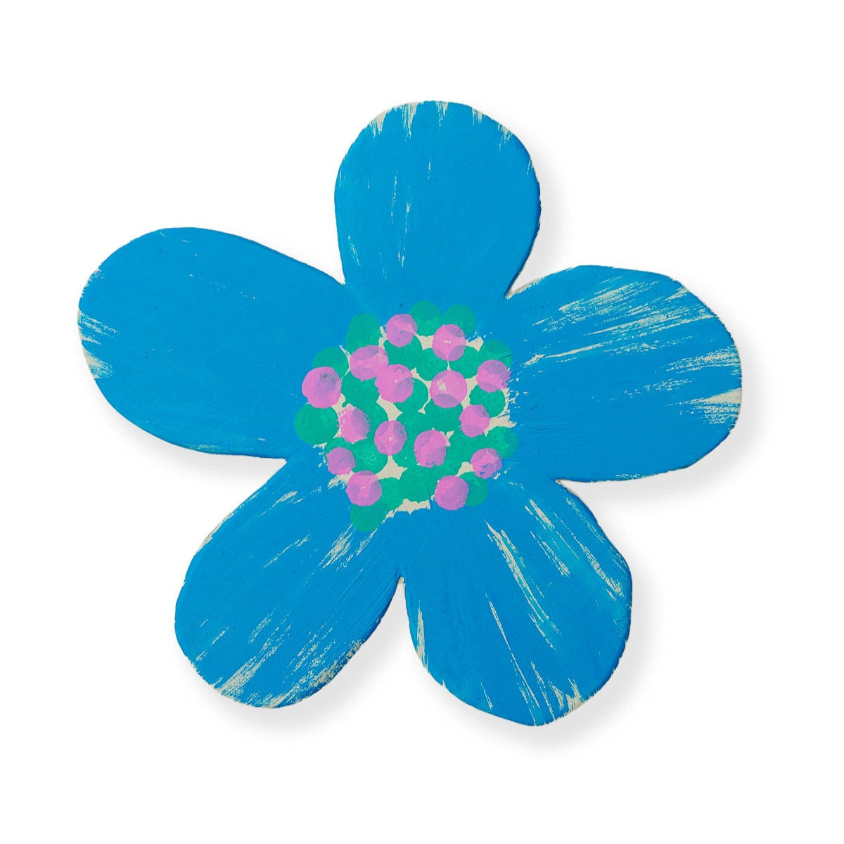 Blue flower-shaped mixed media original artwork with a pink center