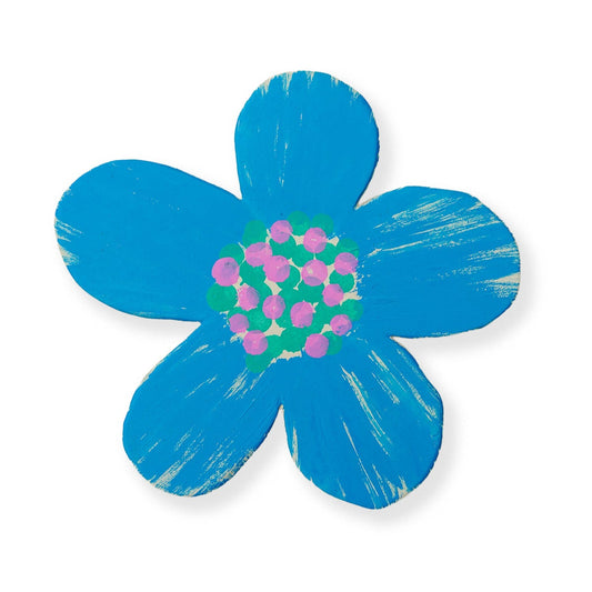 Blue flower-shaped mixed media original artwork with a pink center
