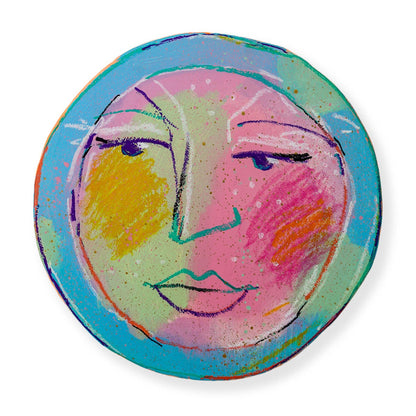 Colorful abstract moon face design mixed media painting on hand cut wood panel